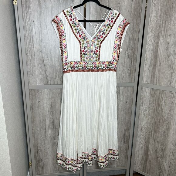 Sundance White Dress Size 10 Midi Embroidered Bohemian Long Full Skirt Cotton - Picture 1 of 8